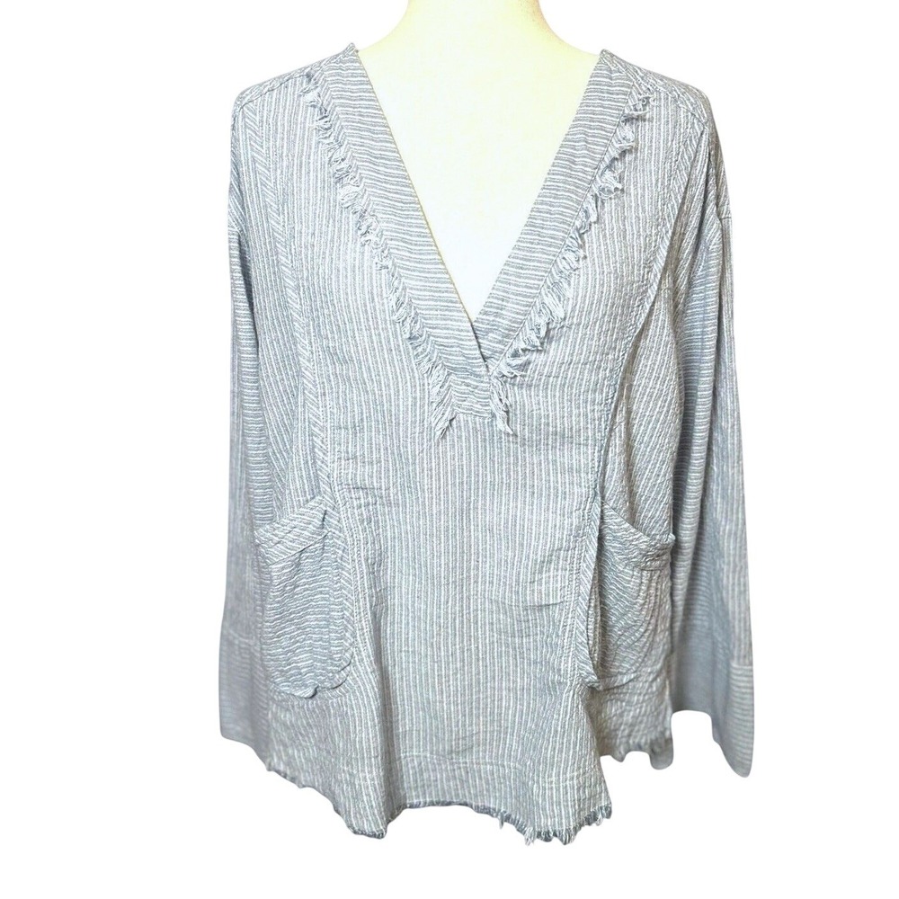 Boho Blue White Stripe Cotton/Linen Top Pockets Raw Hem Medium Coastal Cowgirl